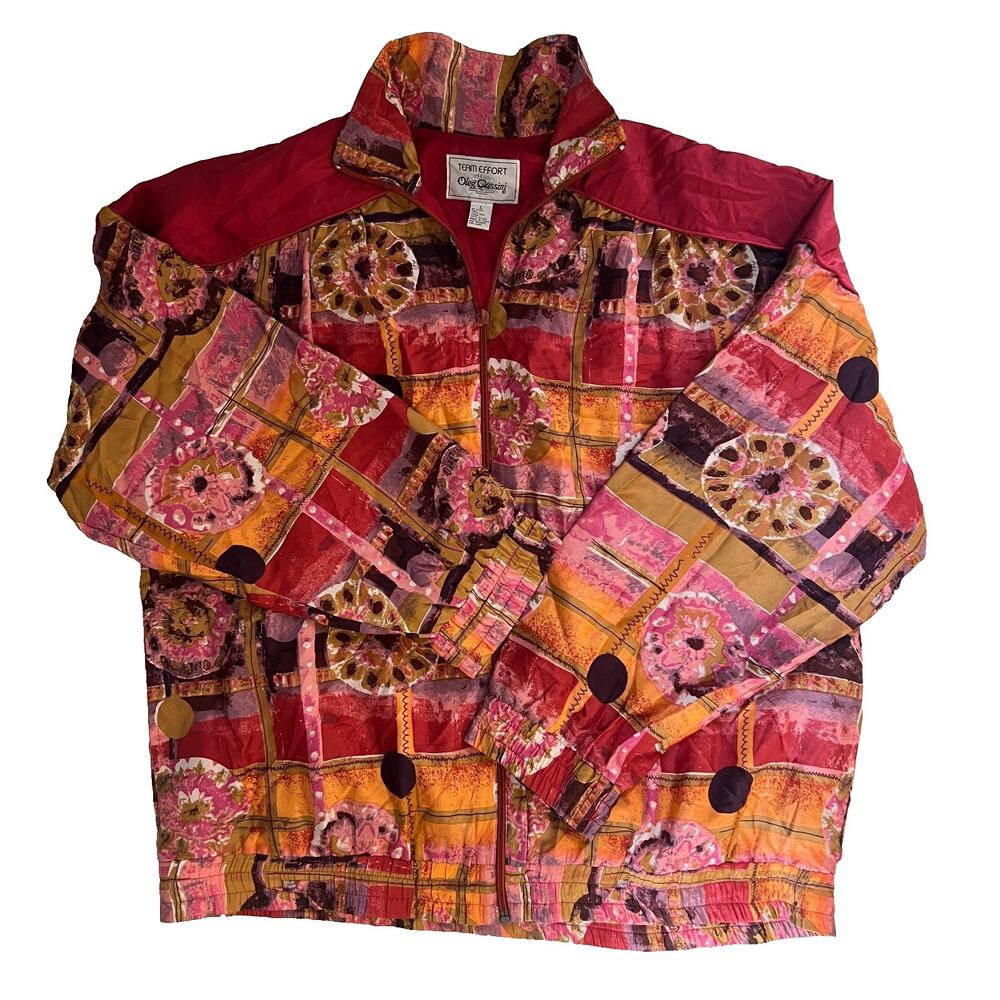 Vintage Oleg Cassini Team Effort Silk Floral Windbreaker Jacket Womens Large